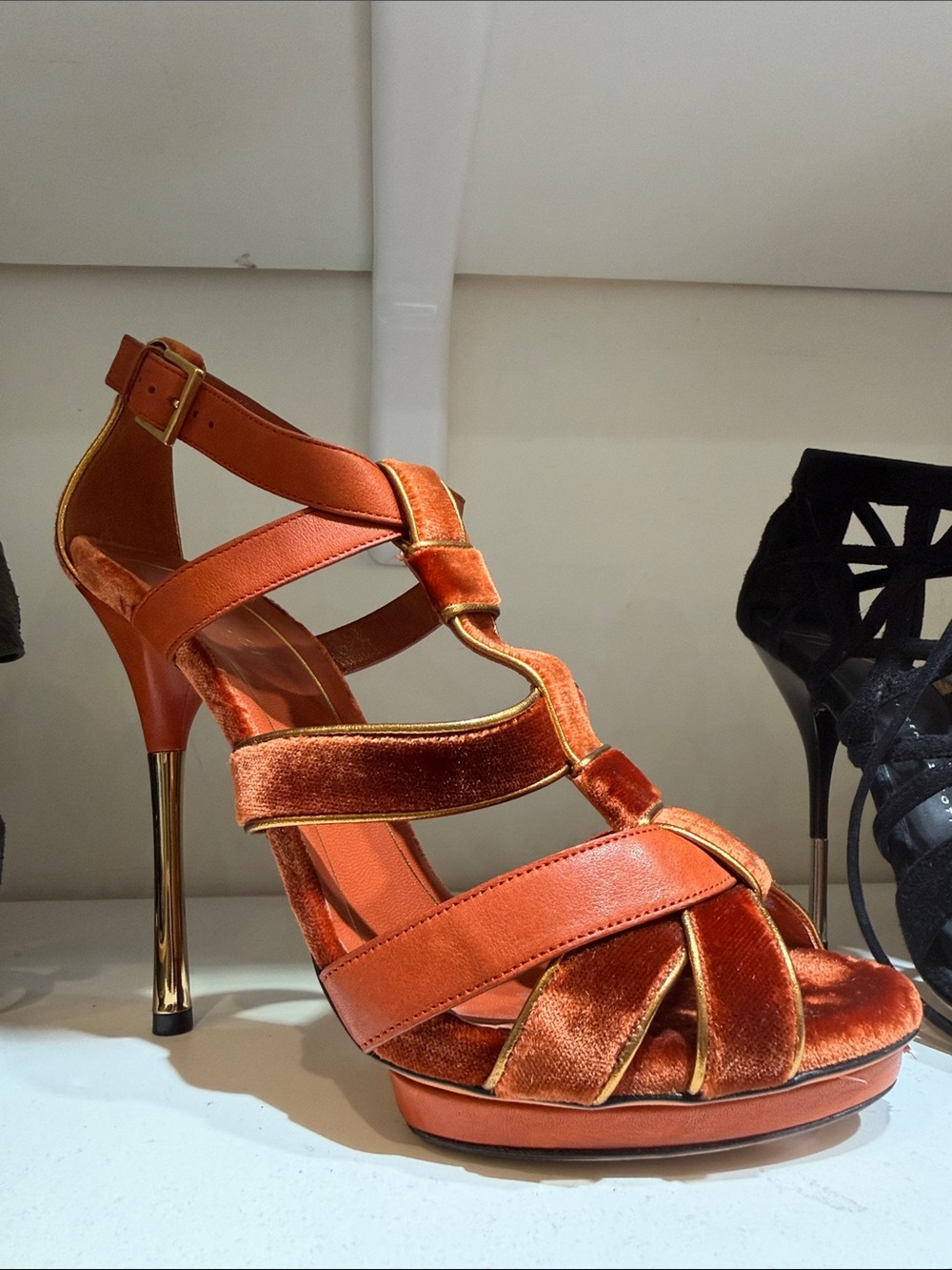 Gucci Orange Velvet and Gold-Tone Stiletto Strappy Sandals